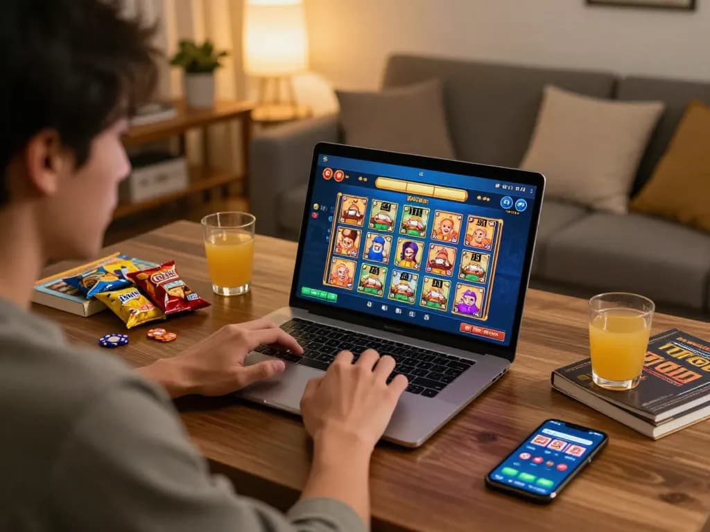 Engaged player enjoying slot mahjong at home with laptop and snacks, highlighting excitement in online gambling.