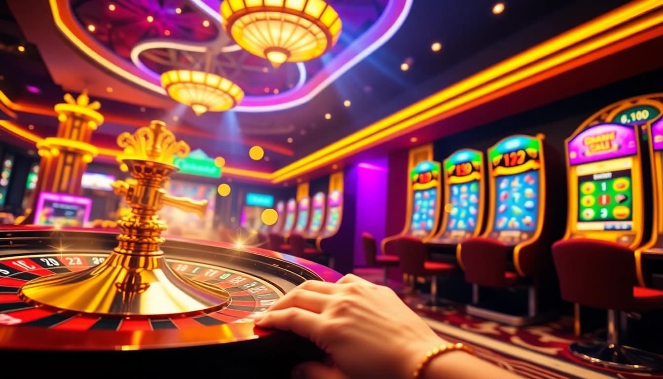 Xocdia88 engaging gambling scene with vibrant digital casino games and excited players.