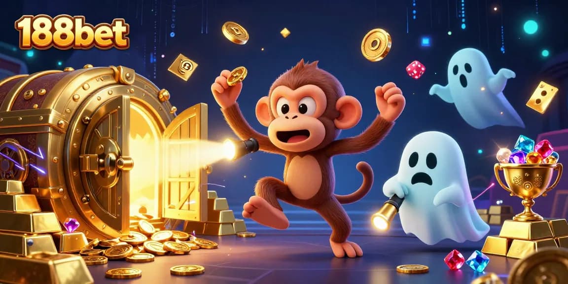 Engage thrillingly with 188bet in this vibrant haunted casino scene, featuring golden treasures and playful spirits.