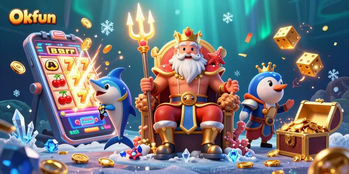 Engage in thrilling gaming experiences with Okfun's vibrant 3D slot machine celebration and casino characters.