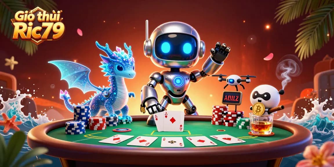 Engage with Giới thiệu Ric79, showcasing a vibrant poker scene with animated characters and casino elements.