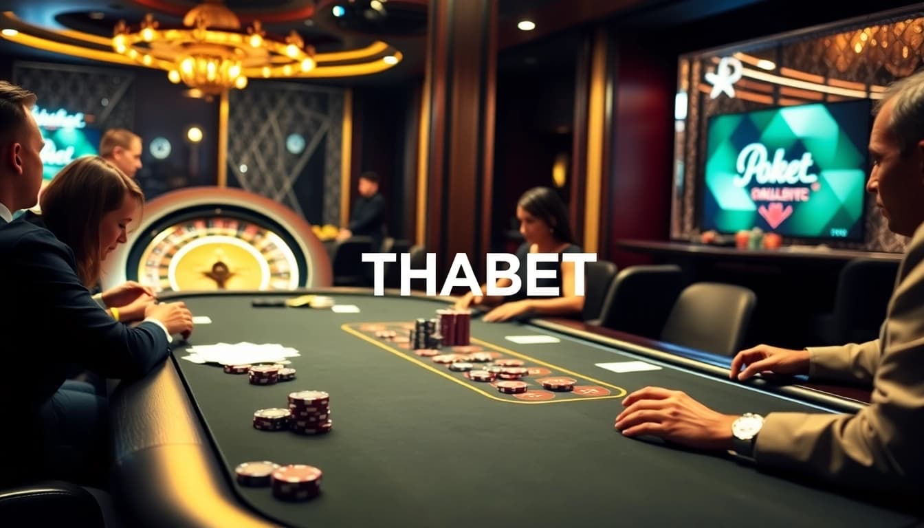 Engaged players strategize at a THABET poker game, surrounded by vibrant casino elements.