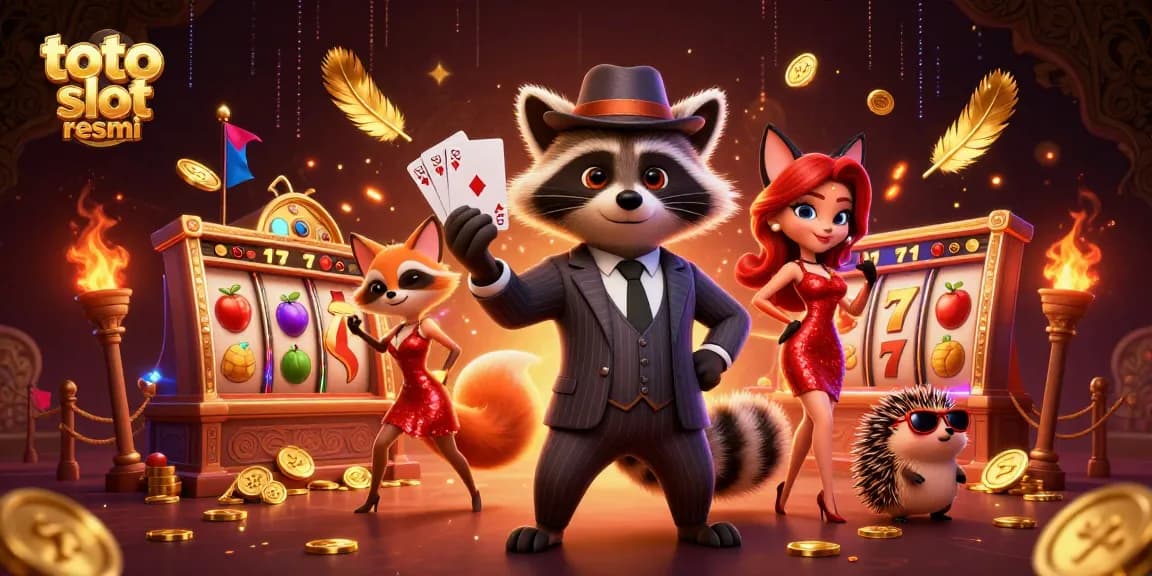 Experience thrilling action in toto slot resmi with a suave raccoon, charming fox, and bouncer amidst vibrant casino elements.
