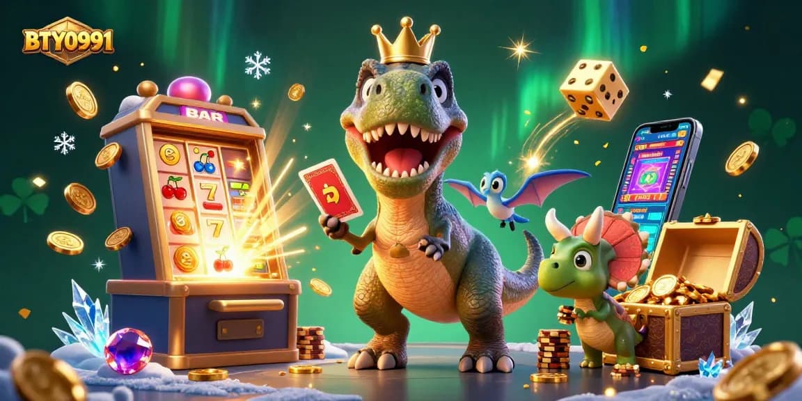BTY0991 features a playful T-Rex and friends engaging with exciting casino elements in a vibrant digital illustration.