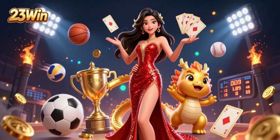 Bet on 23Win with a stunning illustration of an elegant woman and a golden dragon mascot surrounded by dynamic sports elements.