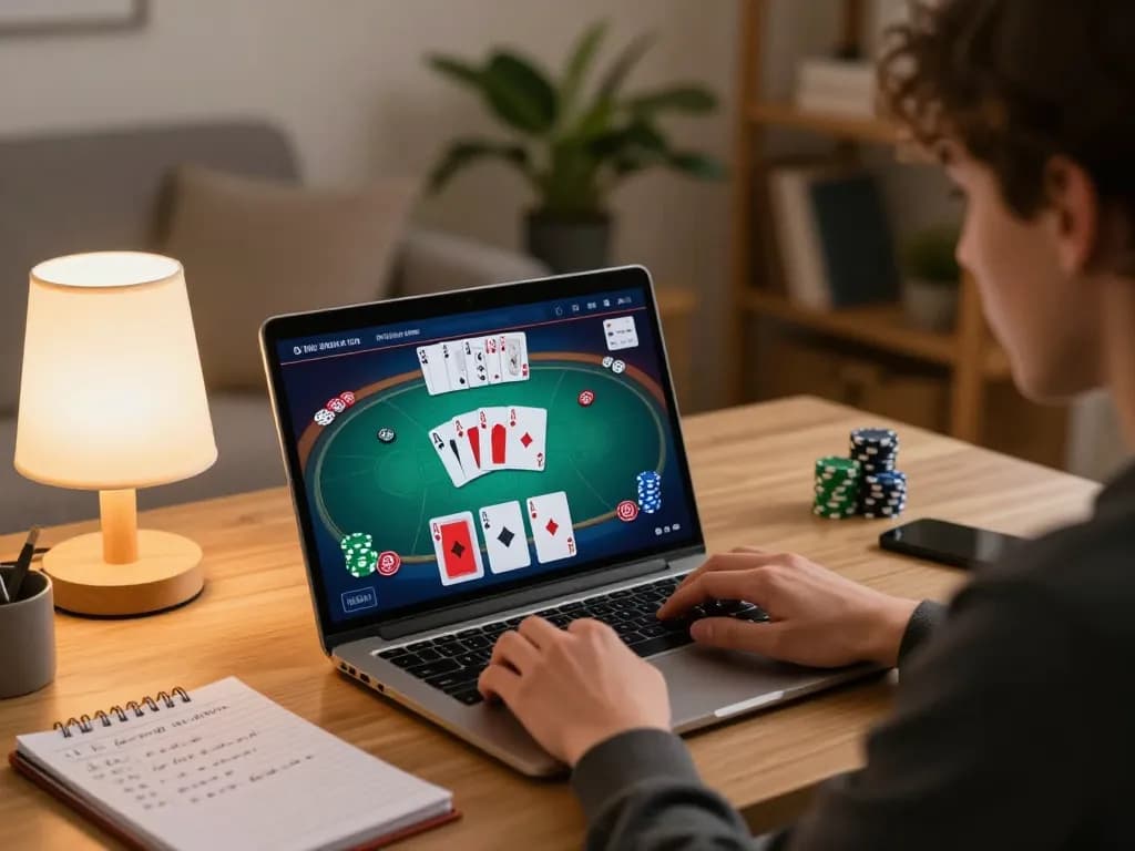 Engaged user playing F8bet casino online poker on laptop, showcasing strategic betting approach in a cozy environment.
