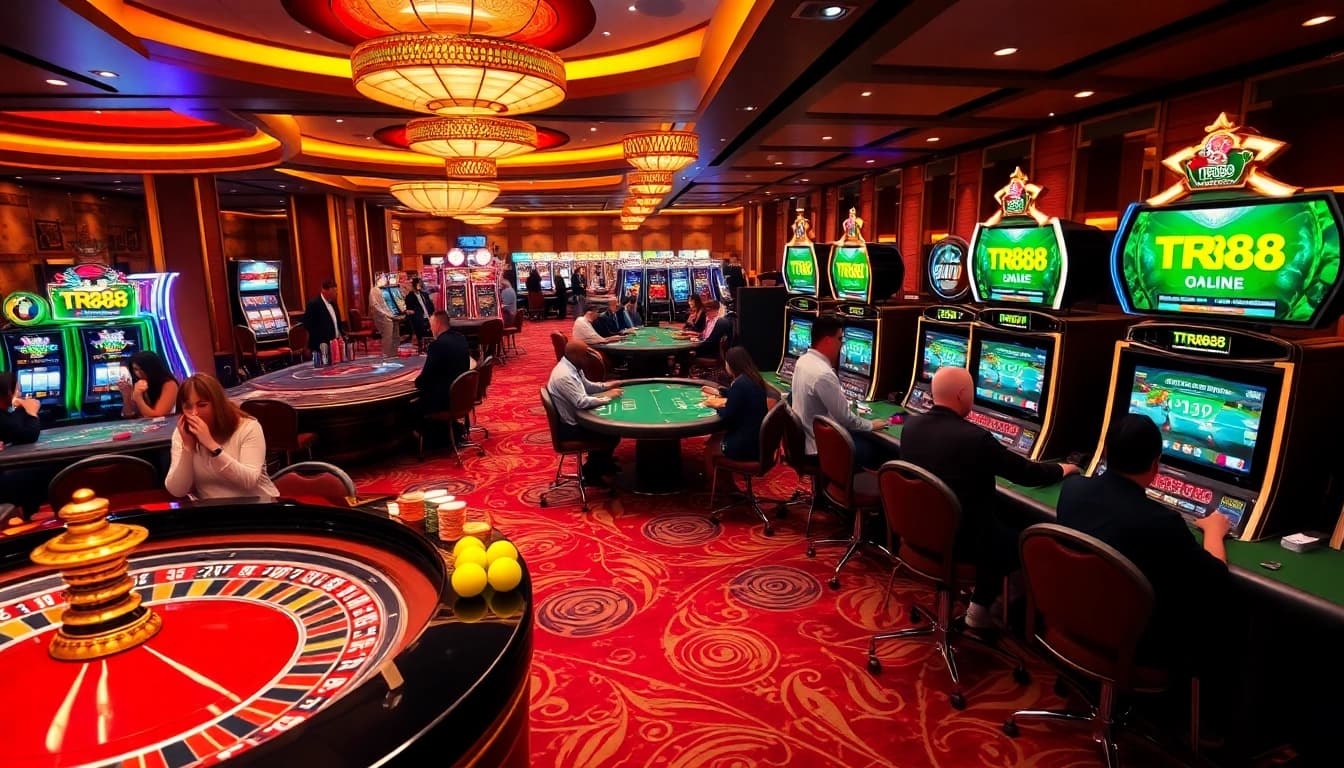 Players engaging in thrill at TR88 casino with roulette and slot machines.