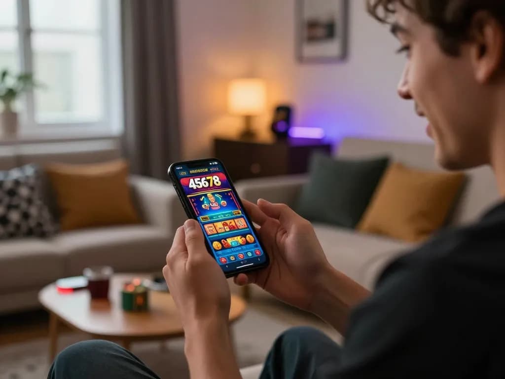 Engaging with 45678 casino app while betting in a cozy home gaming setup.