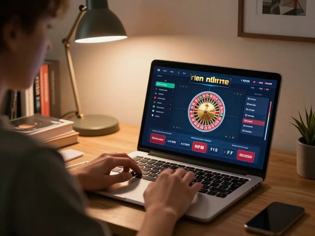 Player focusing on roulette strategy on rr88 gaming platform in a cozy home office.