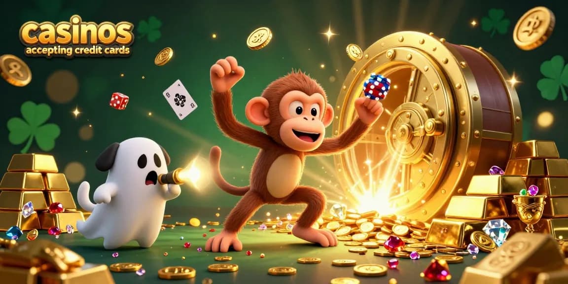 Experience the thrill of casinos accepting credit cards where a mischievous monkey juggles treasures in a vibrant haunted setting.