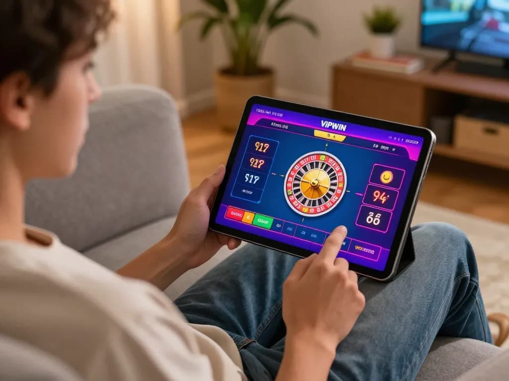 Engaged player using VIPWIN tablet for online roulette with colorful interface in cozy setting
