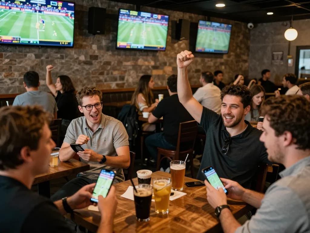 Exciting sports betting atmosphere at badak178 with fans cheering and placing bets