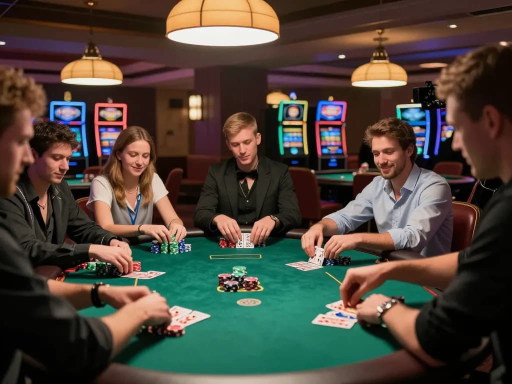 Players at TG88 casino focused on an intense poker game, showcasing strategic gameplay in a vibrant setting.