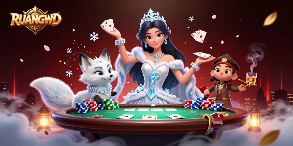 Engage in gaming excitement at RUANGWD with 3D characters, cards, and sparkling casino elements.