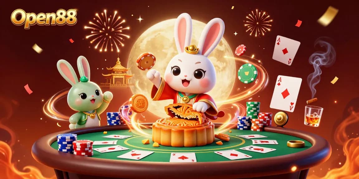Experience excitement at Open88 with a 3D scene of poker chips and a festive atmosphere.