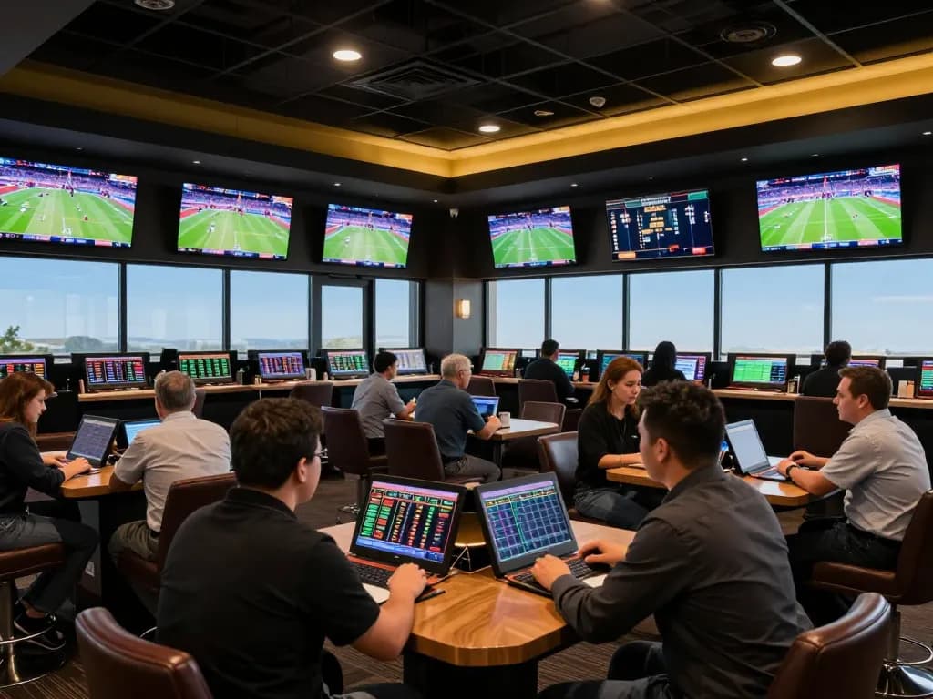 Engaging scene of bettors reviewing kèo nhà cái trực tiếp while placing bets in a stylish sportsbook atmosphere.