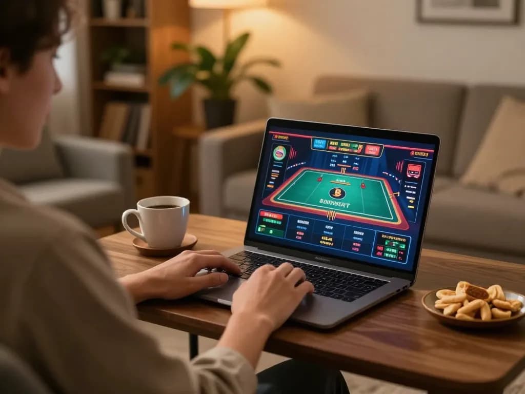 Engaged player at home using https://mk8th.net/ for online casino betting with a laptop.