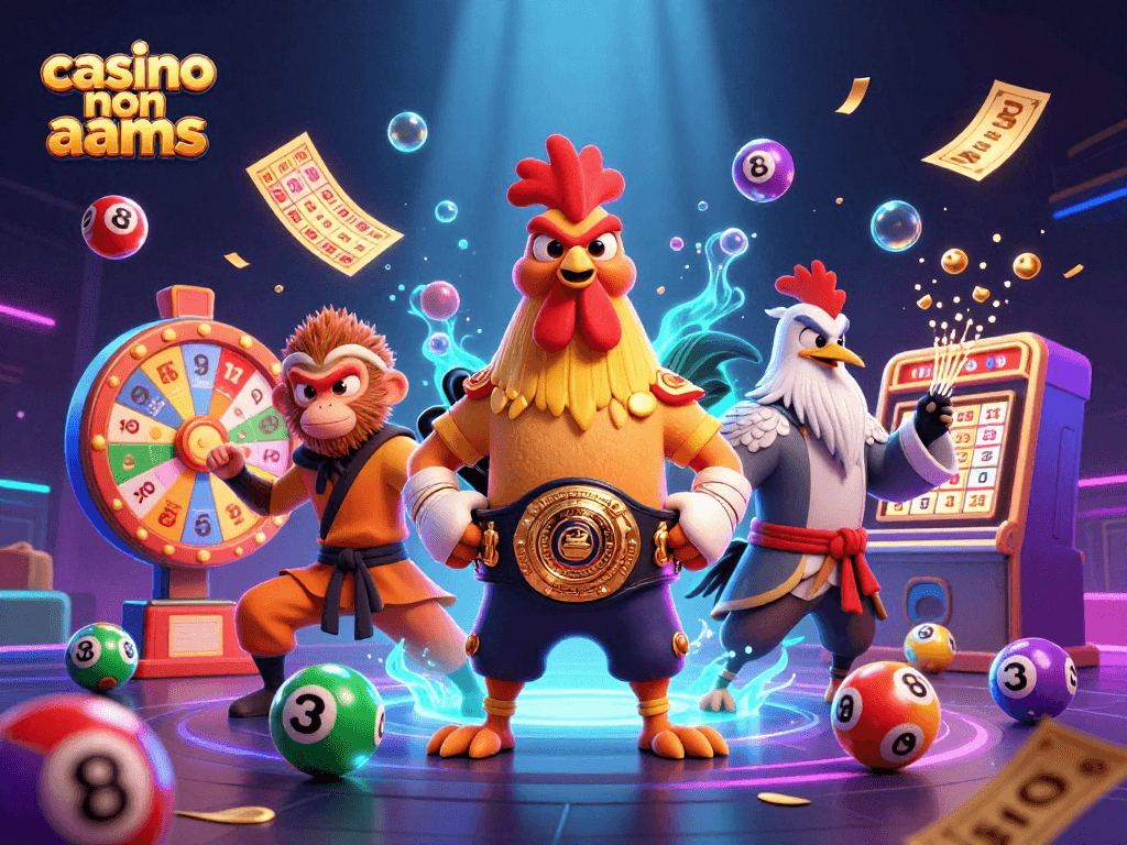 Scopri le emozioni del gioco nei casinò non AAMS con personaggi vivi e palloni numerati in un'accattivante illustrazione 3D.