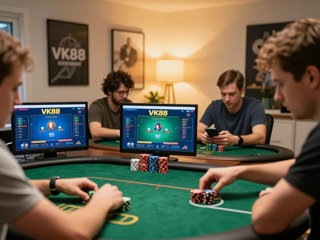Engaging moment of online poker players using VK88 app for strategic betting decisions in a cozy setting.