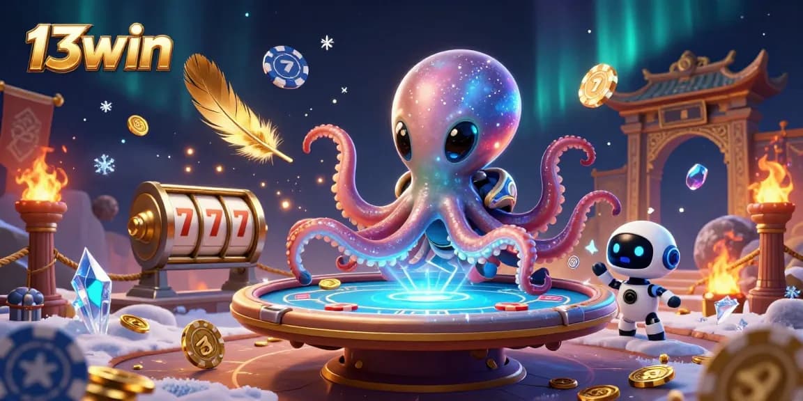 Experience the thrilling atmosphere at 13win with an alien octopus at a vibrant poker table.