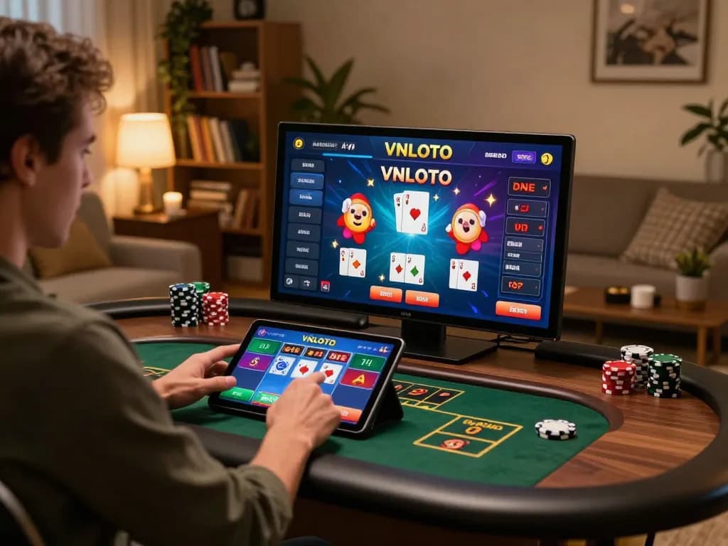 Engaging with VNLOTO online gaming interface at a cozy home setup, enhancing strategic gambling experience.