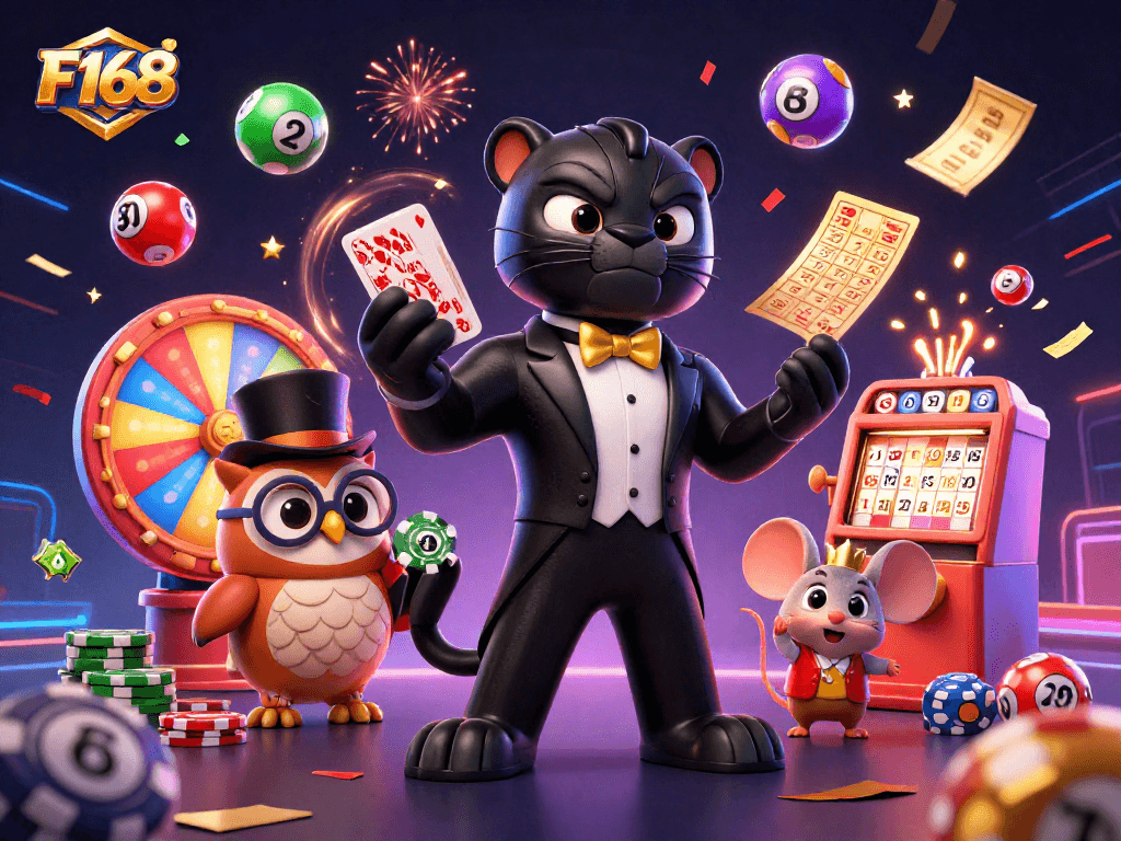 Experience thrilling games at F168 with colorful lottery balls, cards, and fun characters!