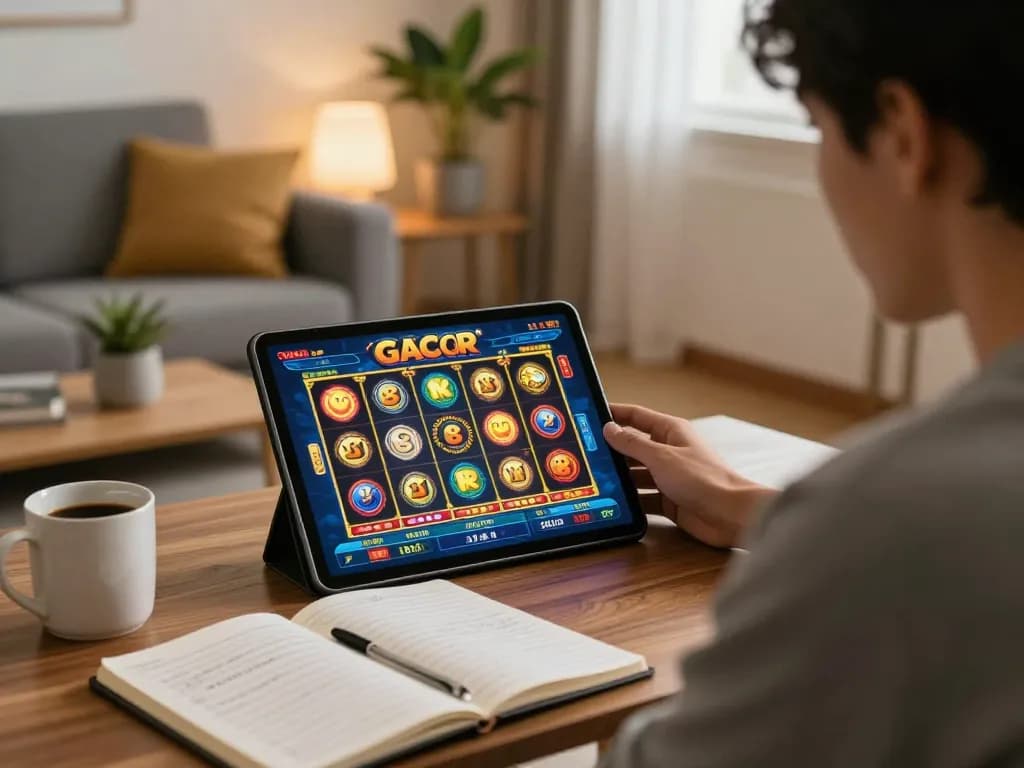 Engaging with slot gacor game on a tablet in a cozy home setting, showcasing strategic gambling