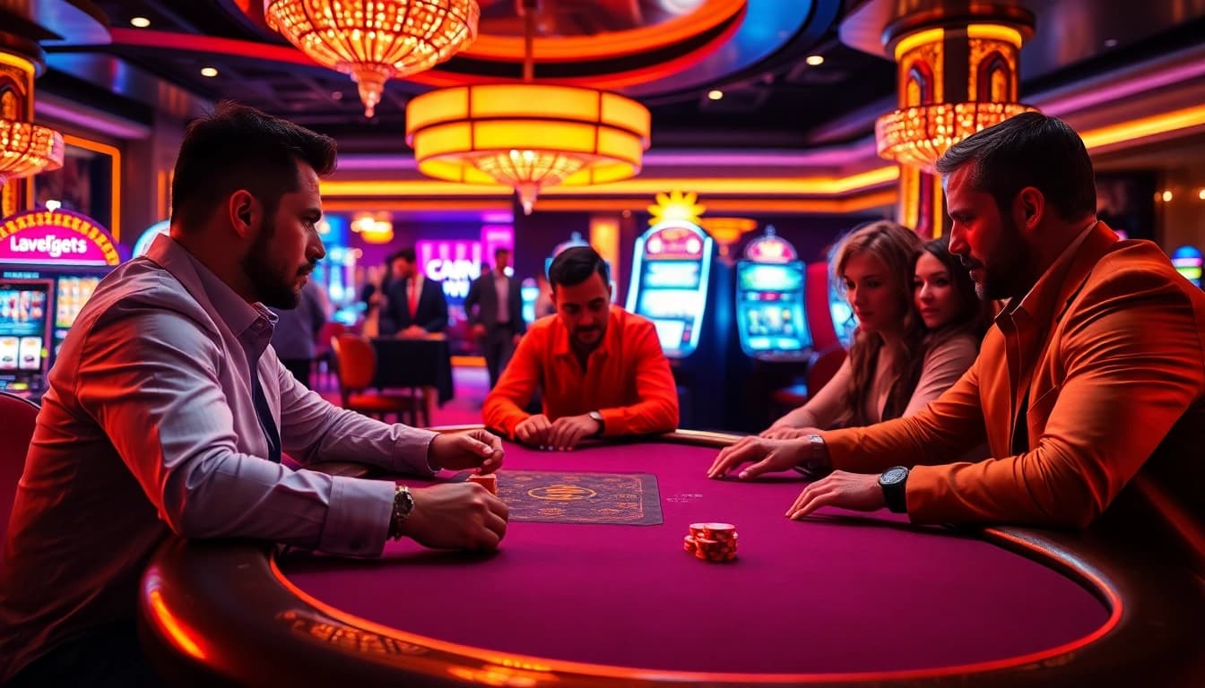 Players enjoying a luxurious poker game at 8kbet casino table with vibrant atmosphere.