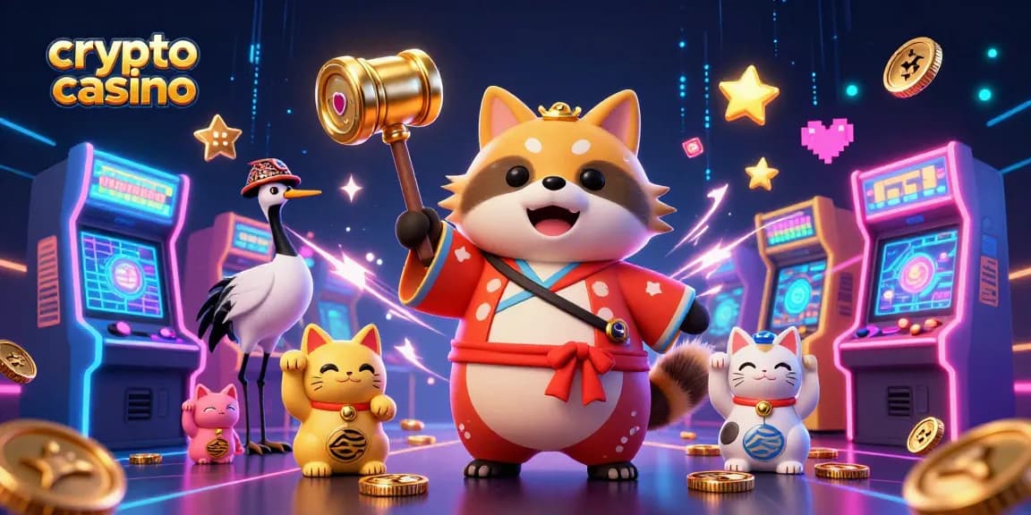 Engage in the crypto casino experience with vibrant characters and arcade game elements.