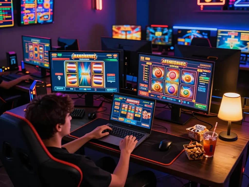 Players enjoying thrilling gameplay on SlotsGG platform in a cozy gaming setup.