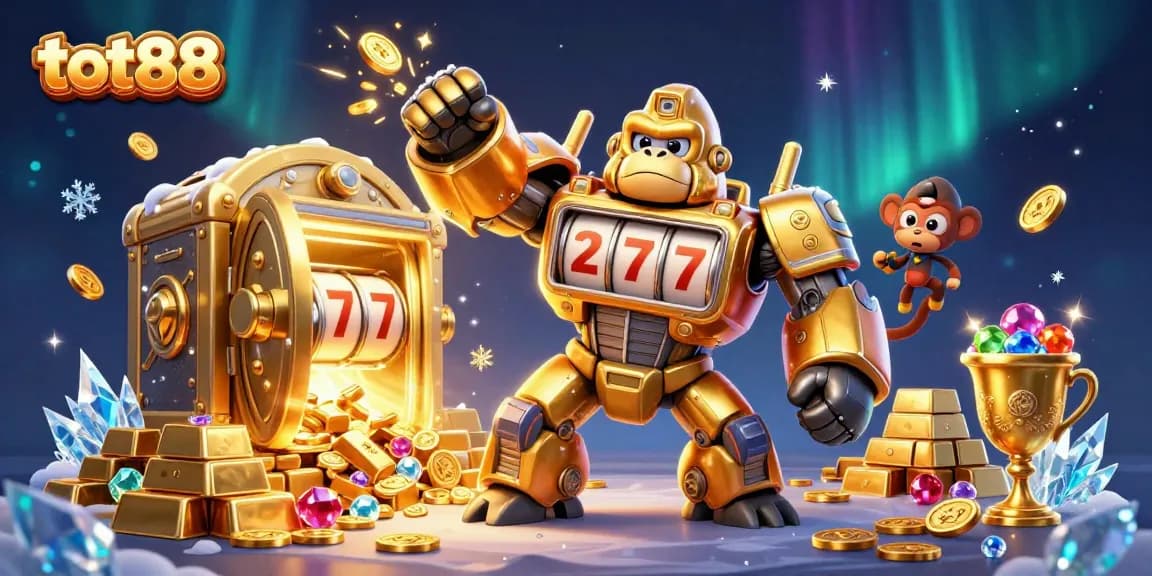 tot88 showcases a dynamic casino scene with a golden gorilla mech and explosive action, perfect for gamers.