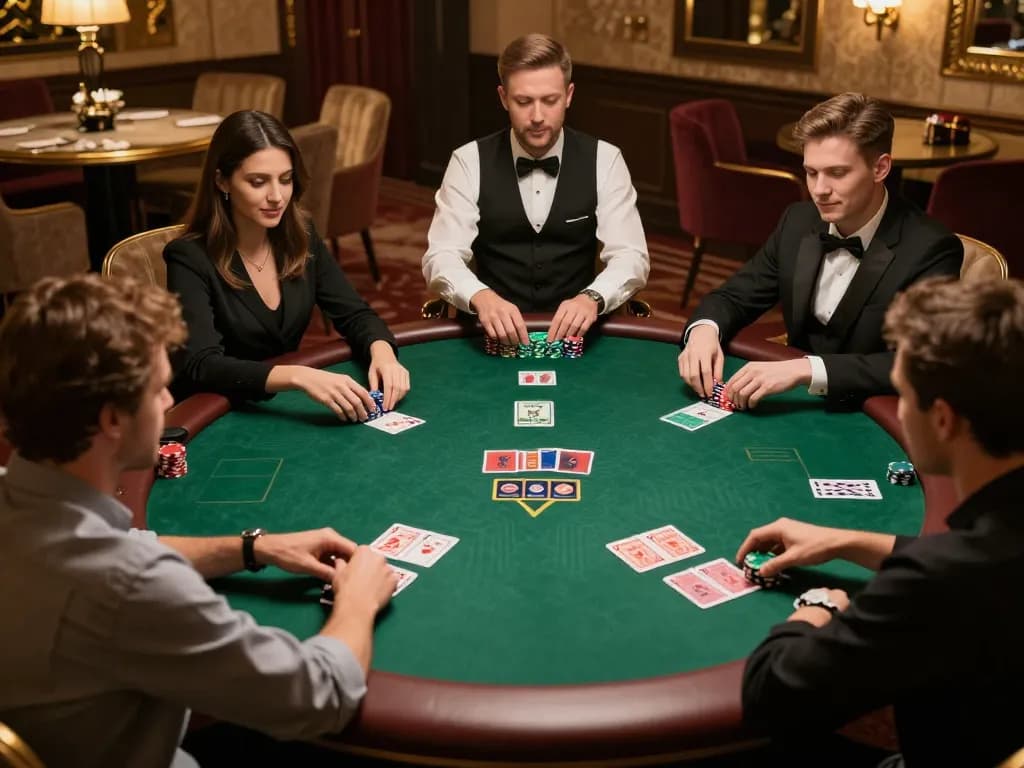 Action-packed moment at a nagapoker game with players making strategic bets and a dealer managing the table.