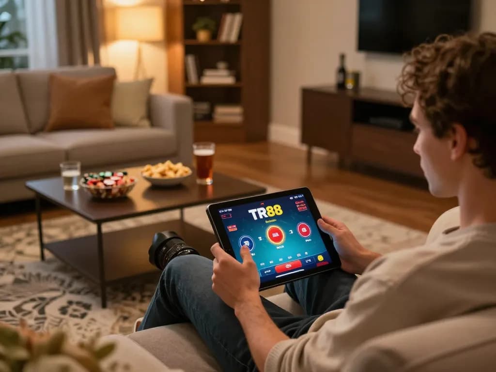 Player engaging with TR88 online casino app on tablet in a warm, inviting home setting