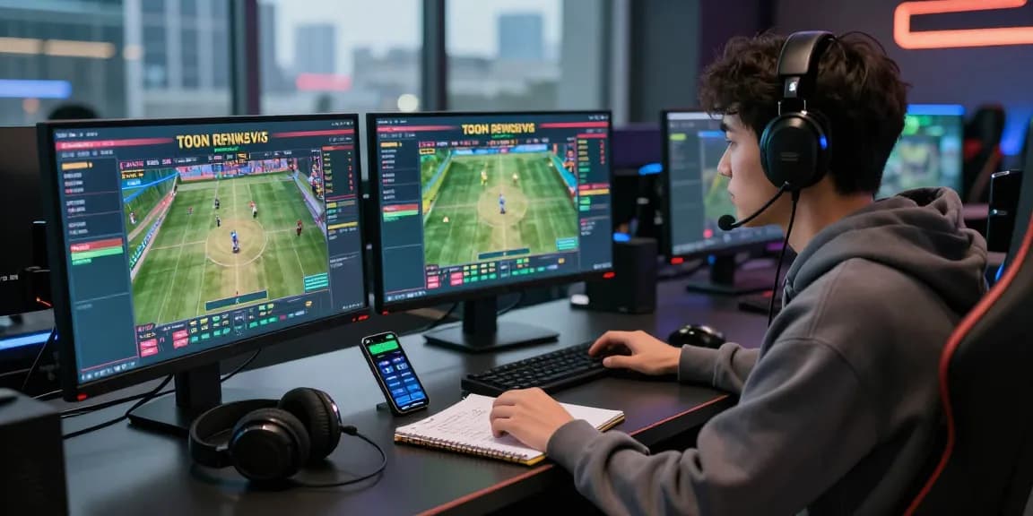 Gamer enthusiastically betting on OPEN88 with multiple screens and sports analytics.