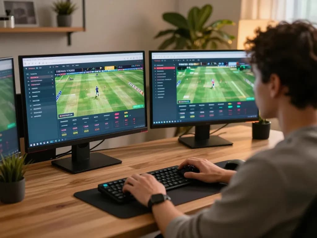 Engaging online cricket betting experience on BK33 with user at home office, showcasing betting interface and modern setup.