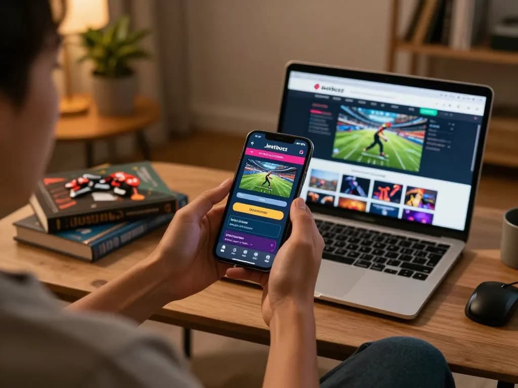 Engaging with the Jeetbuzz App for sports and casino betting in a cozy home setting.