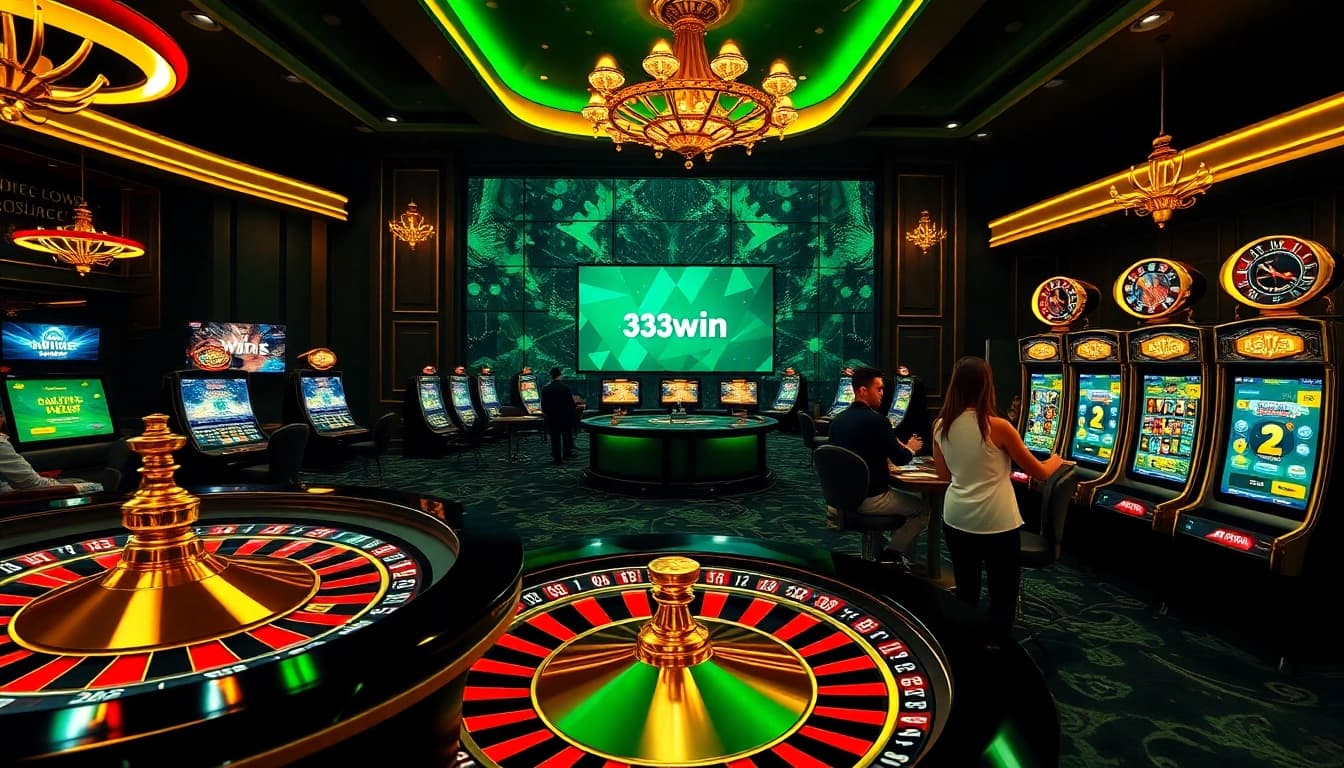A lively online gambling scene at https://33win5.it.com/ showcasing a roulette wheel and poker chips.