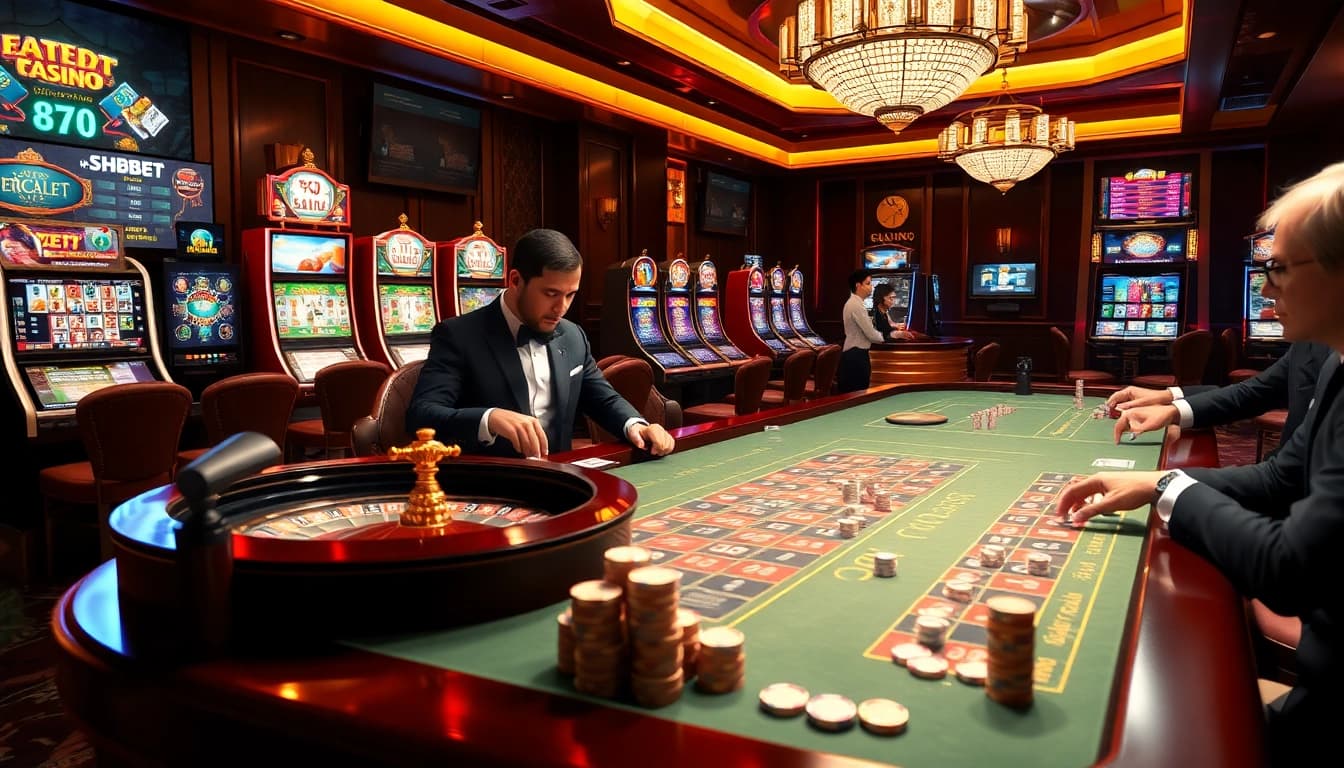 Players engaging in high-stakes gambling at shbet, featuring roulette and poker tables.