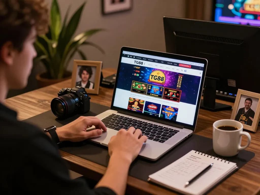 Engaging in online gaming at TG88 with a laptop showcasing various casino games.