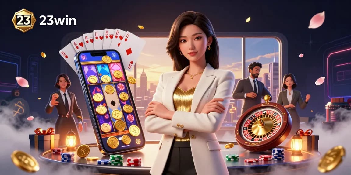 Experience the thrill of 23win with a glamorous Asian woman showcasing winning casino strategy amidst vibrant gameplay.