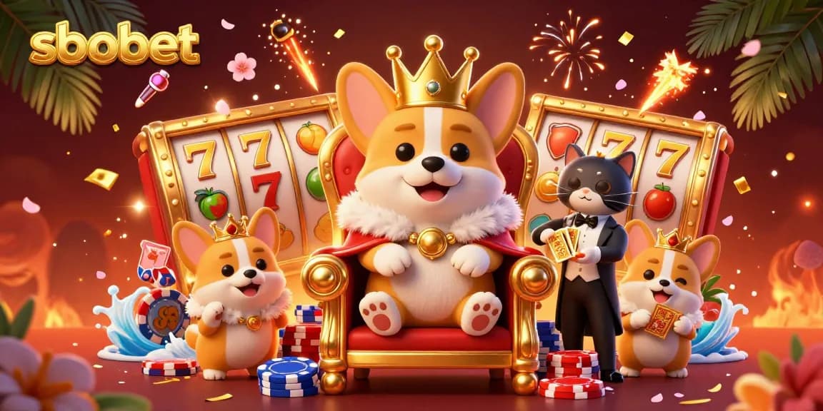 SboBet attracts gamblers with vibrant scene featuring a royal corgi on poker chips amidst lucky slot symbols.