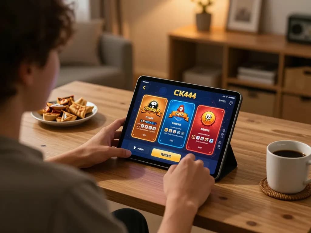 Player engaging with the CK444 app on tablet, enjoying an online casino experience in a cozy home setup