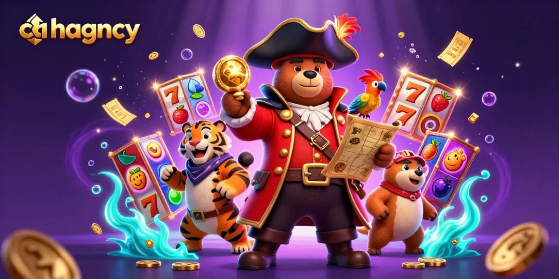 chagency showcases vibrant slot action with a pirate captain bear and tiger exploring riches in an exciting casino scene.