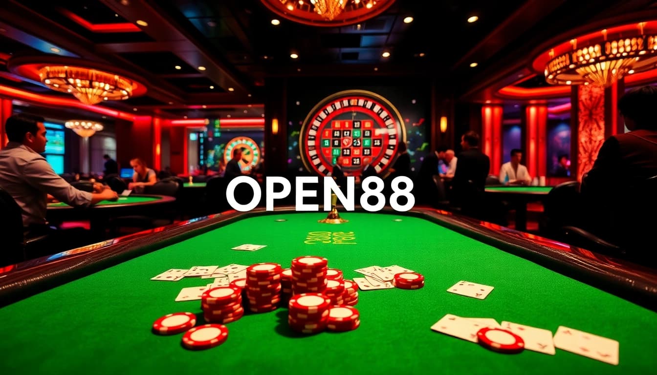 Engage with OPEN88 table games at a luxurious casino filled with vibrant poker chips and playing cards.