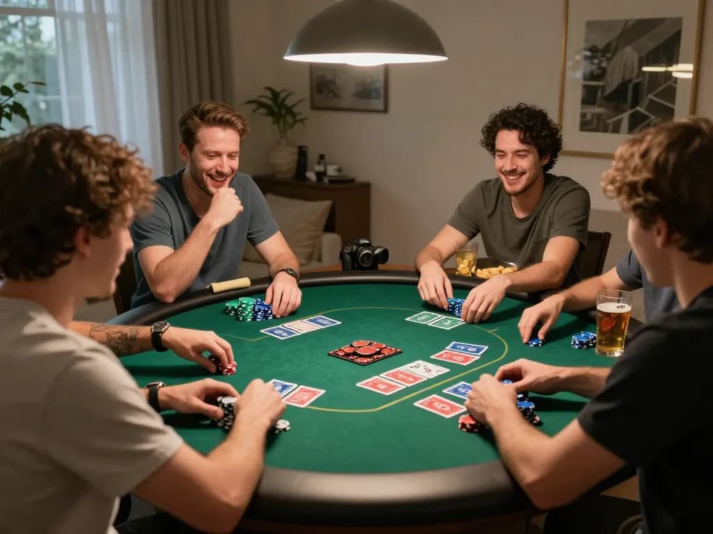 Engaging poker night with friends managing tỷ lệ nhà cái and gameplay strategies around the table.