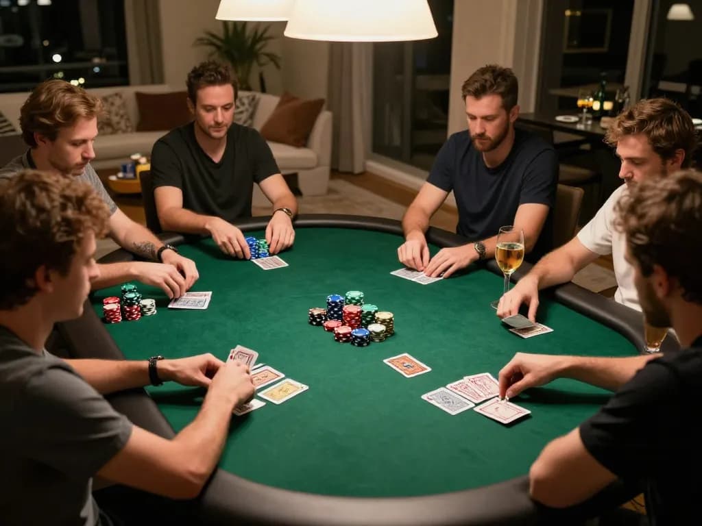 Nyalabet players engaged in strategic poker game at a luxury home setting with focused expressions