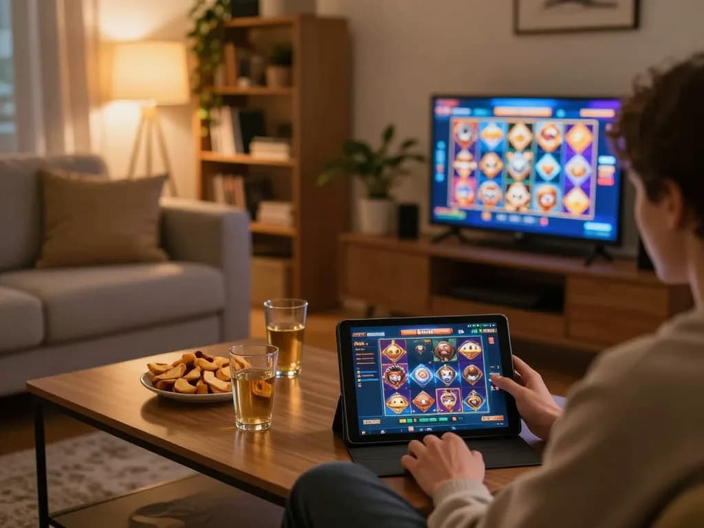 Engaged player enjoying kdslot games on a tablet in a cozy living room setting, highlighting strategic gameplay.