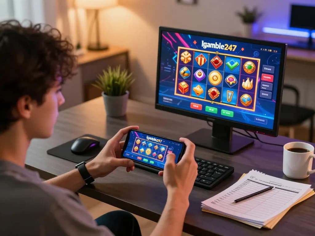 Engaged player strategizing wins on Igamble247 Slot mobile app in a cozy home office.