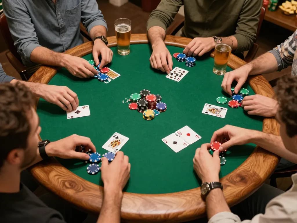 Players engaging in a friendly home poker game showcasing Alternatif Dewapoker strategies around a green felt table.