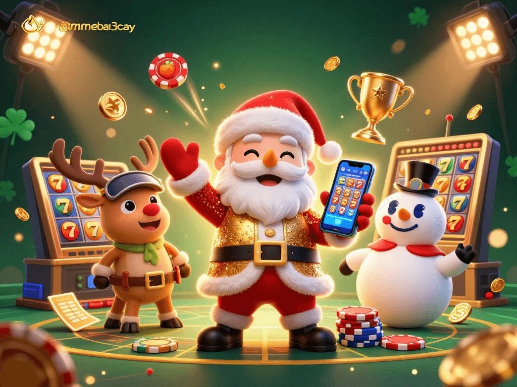 Experience the excitement of gamebai3cay with Santa, a reindeer dealer, and a poker chip snowman in a vibrant casino scene.